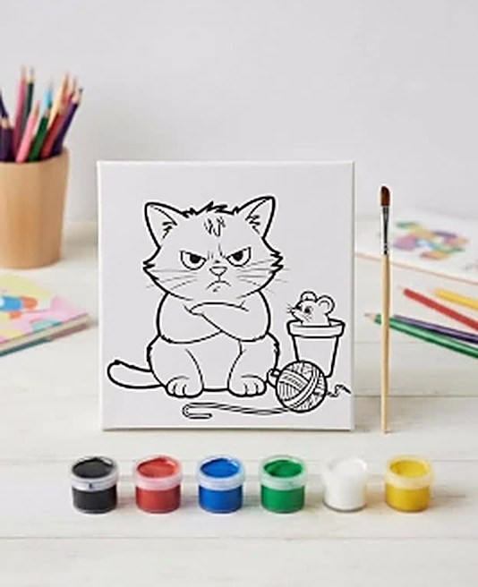 Huysuz kedi desenli tuval ve boya seti