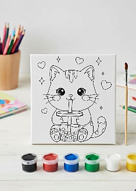 İçecekli kedi desenli tuval ve boya seti